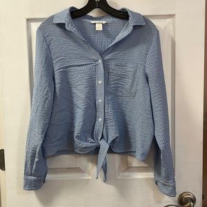 Blue and white stripe tie front blouse